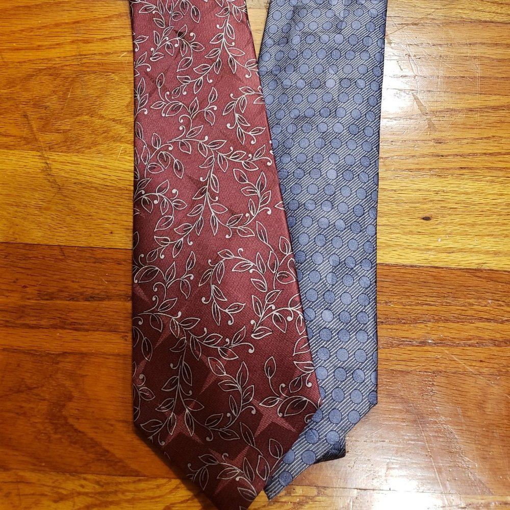 Two Carlos Devenezia 100% silk neckties red viny floral blue geometric pattern.